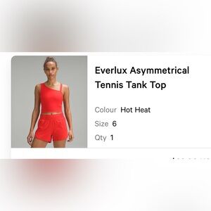Lululemon everluxe asymmetrical tennis tank in hot heat